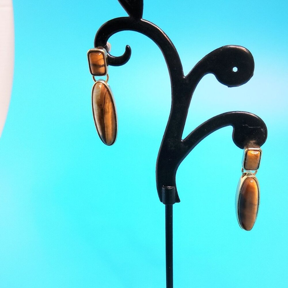 Vintage Signed LC Designer Tiger Eye Dangle Drop Piercd Earrings